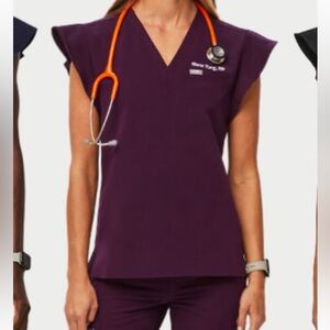 FIGS Scrub SET Rich Purple Natal Flutter Top and Zamora High Waisted Jogger Pant